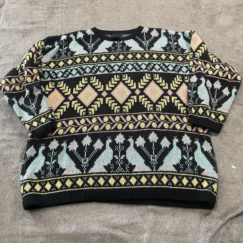 80s 90s Sweater Size L/XL New Wave Fair Isle Blue Bird Fuzzy Crewneck Pastel - Picture 9 of 9